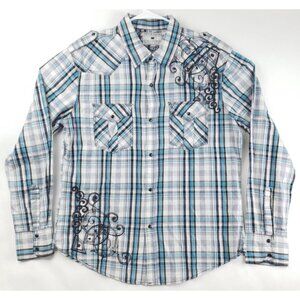 Pop Icon Clothing Shirt Men's XL White Blue Plaid Western Pearl Snap Embroidered